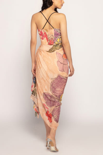 Saaksha & Kinni Peach bandhani print wrinkle midi dress SKKSEP23D118