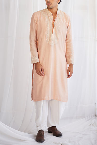 Peach dori and mirror work kurta set