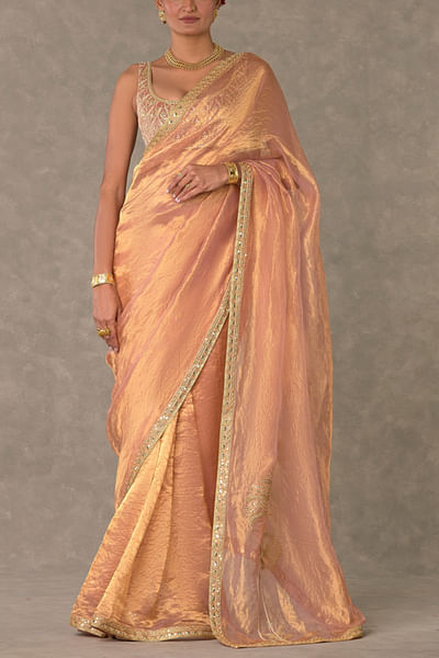 Peach dori and sequin embroidered sari set