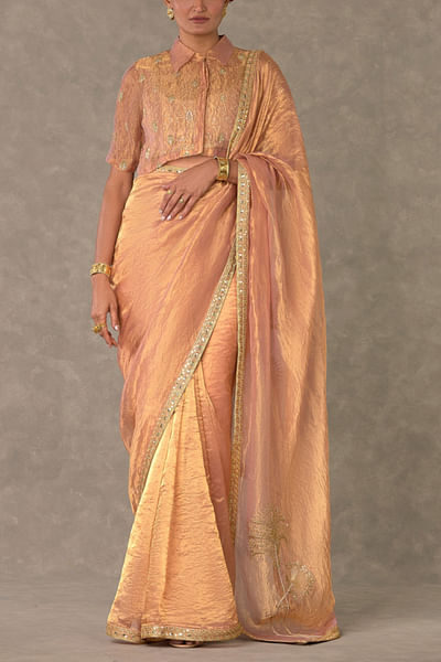Peach dori and sequin embroidered shirt sari set