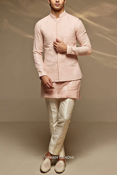 Peach embellished Nehru jacket set