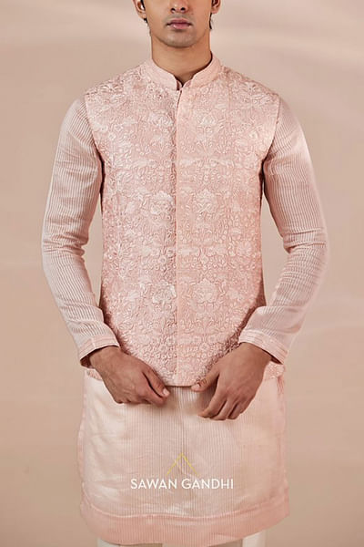Peach embroidered Nehru jacket set