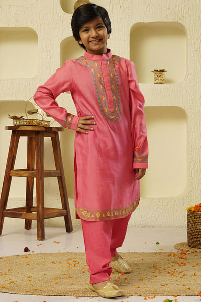 Peach embroidered pathani kurta set