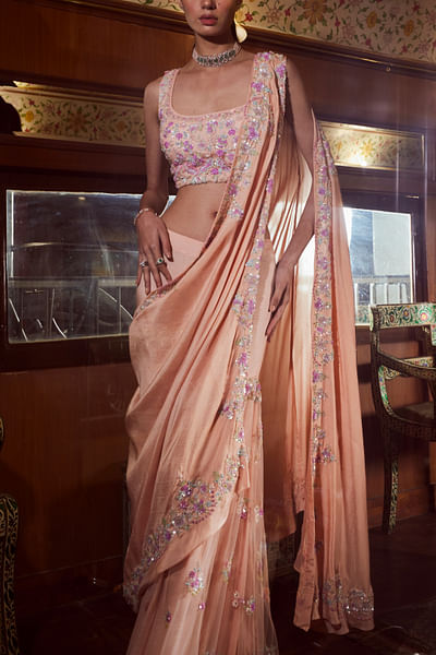 Peach embroidered pre-draped sharara sari set