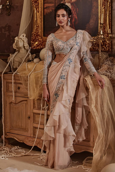 Peach embroidered ruffle sari set