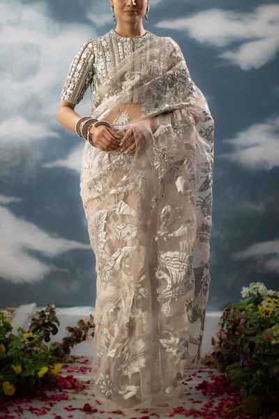 Peach floral applique sari set