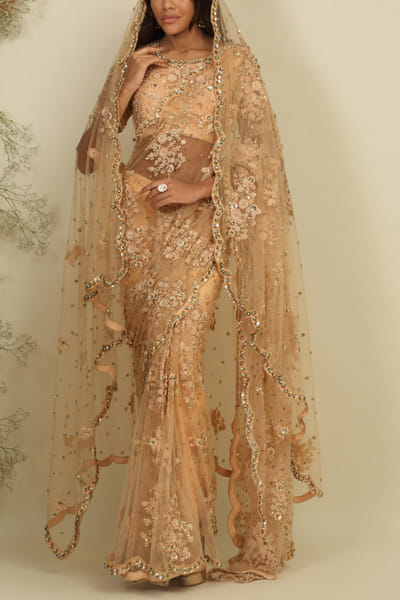 Peach floral detail pre-stitched saree set