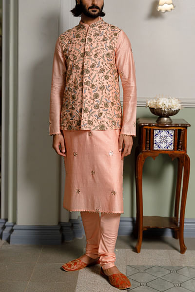 Peach floral embroidered bandi kurta set