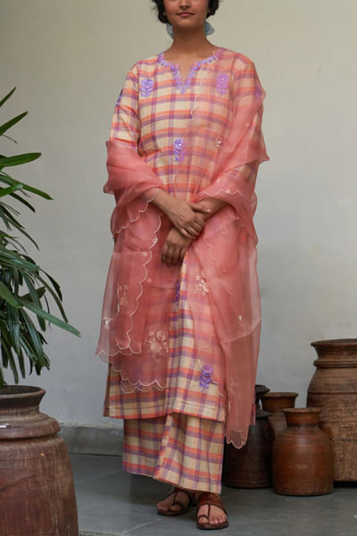 Peach floral embroidery check kurta set