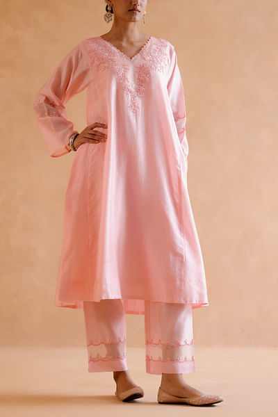 Peach floral embroidery kurta set