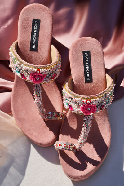 Peach floral embroidery platform wedges