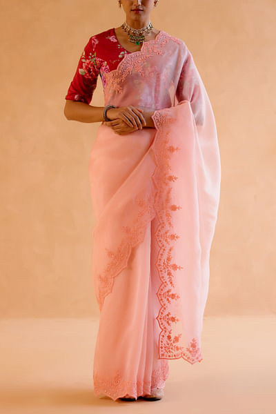 Peach floral embroidery scalloped sari set