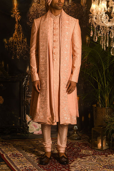Peach floral embroidery sherwani set