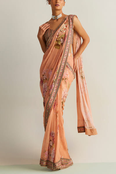 Kalista Peach floral print pre-draped saree set KTAVINGAR23040