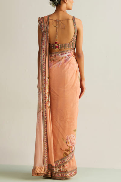 Kalista Peach floral print pre-draped saree set KTAVINGAR23040