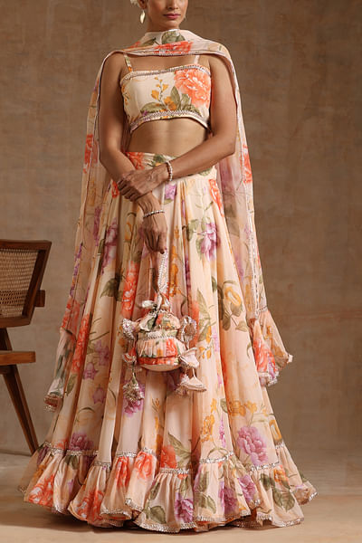 Peach floral print tiered lehenga set