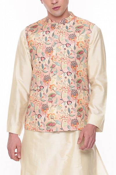 Peach floral printed Nehru jacket