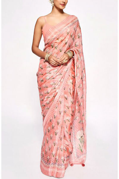 Peach floral printed sari set