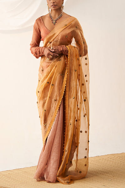Peach ghungroo embellished half n half sari set