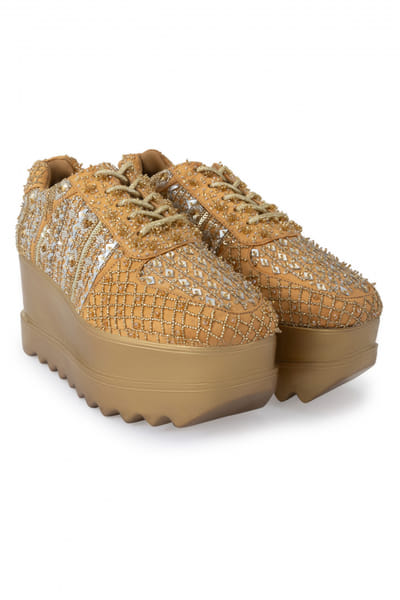 Anaar Peach gold aari embroidery wedge sneakers ANRJUN23D1016