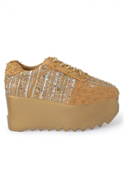Anaar Peach gold aari embroidery wedge sneakers ANRJUN23D1016