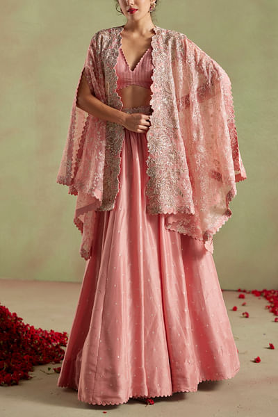 Peach hand embroidered cape set