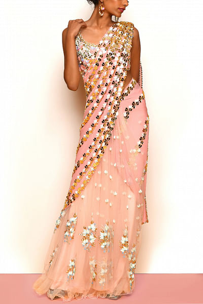 Peach heart 3D detail pre-stitched saree set