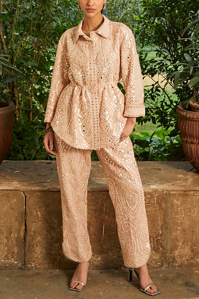 Peach mirror embellished peplum jacket