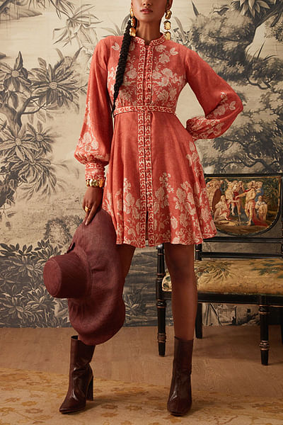 Peach printed dress set