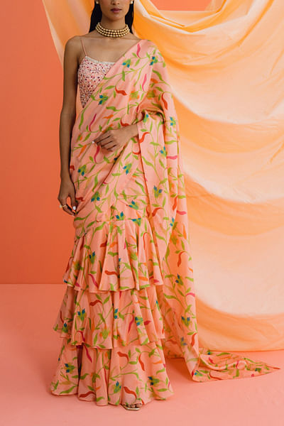 Peach printed pre-draped ruffle sari set