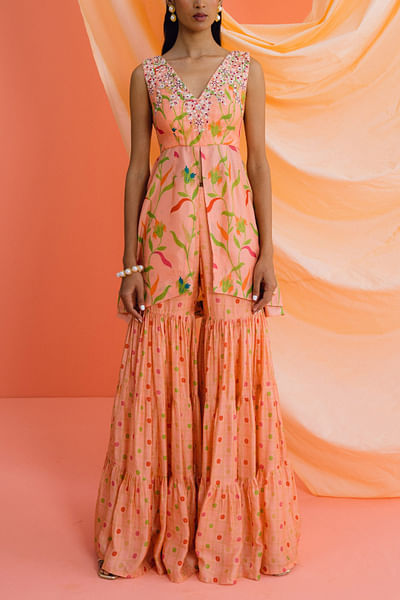 Peach printed sharara set