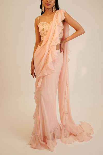 Peach ruffled pre-draped sari set