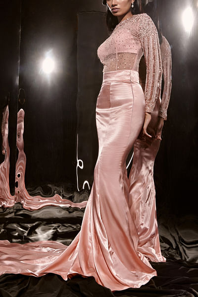 Peach sequin and cutdana embellished bodysuit and trail skirt