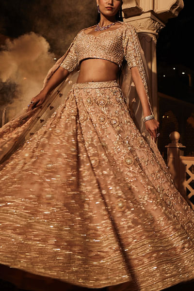 Peach sequin and thread embroidered lehenga set