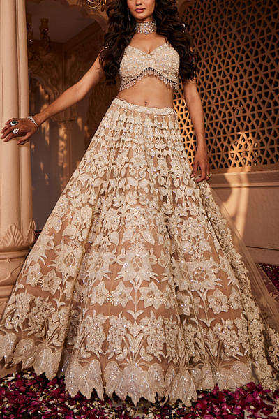 Peach sequin and zari embroidered lehenga set
