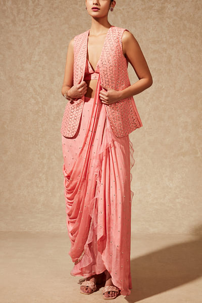 Peach sequin embellished pre-stitched draped ruffle sari set