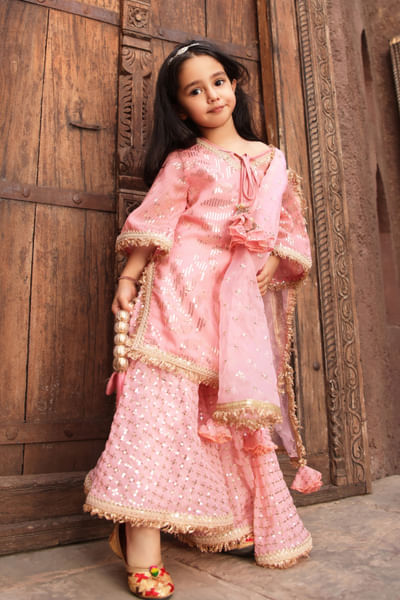 Peach sequin embroidery sharara set