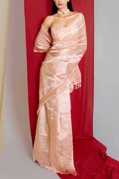 Peach stripe banarasi kadhwa sari set
