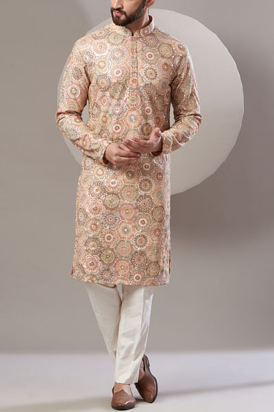 Peach thread embroidered kurta