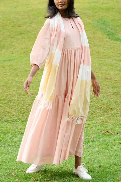 Peach tiered handloom dress and stole