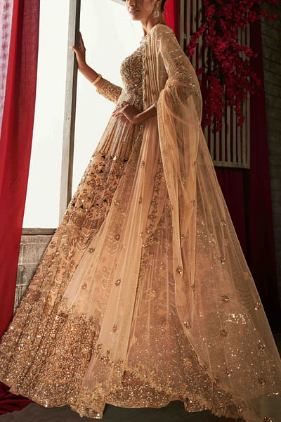 Peachy beige cutdana and pearl embroidered lehenga set