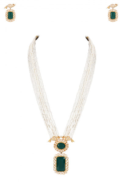 Peacock moissanite polki and pearl long necklace set