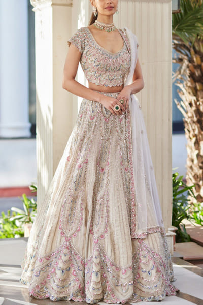 Pearl aari and zardozi embroidered lehenga set