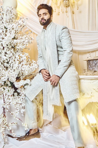 Pearl grey pearl and glass bead embroidery sherwani set