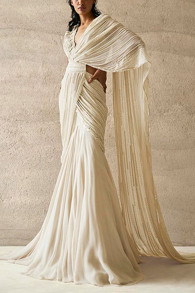 Pearl ivory floral embroidery draped saree gown