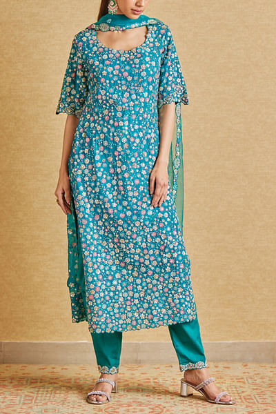 Pine green floral embroidered kurta set
