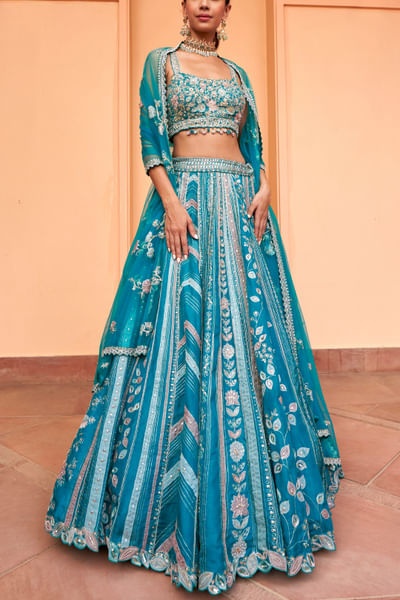 Pine green floral embroidery lehenga set