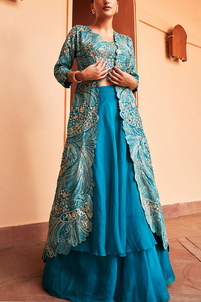 Pine green thread embroidery jacket set