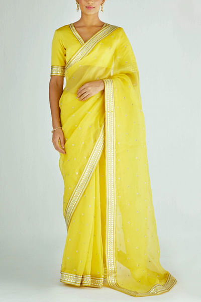 Pineapple yellow sequin embellished sari set