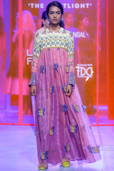 Pink 3d butterfly embroidery long dress